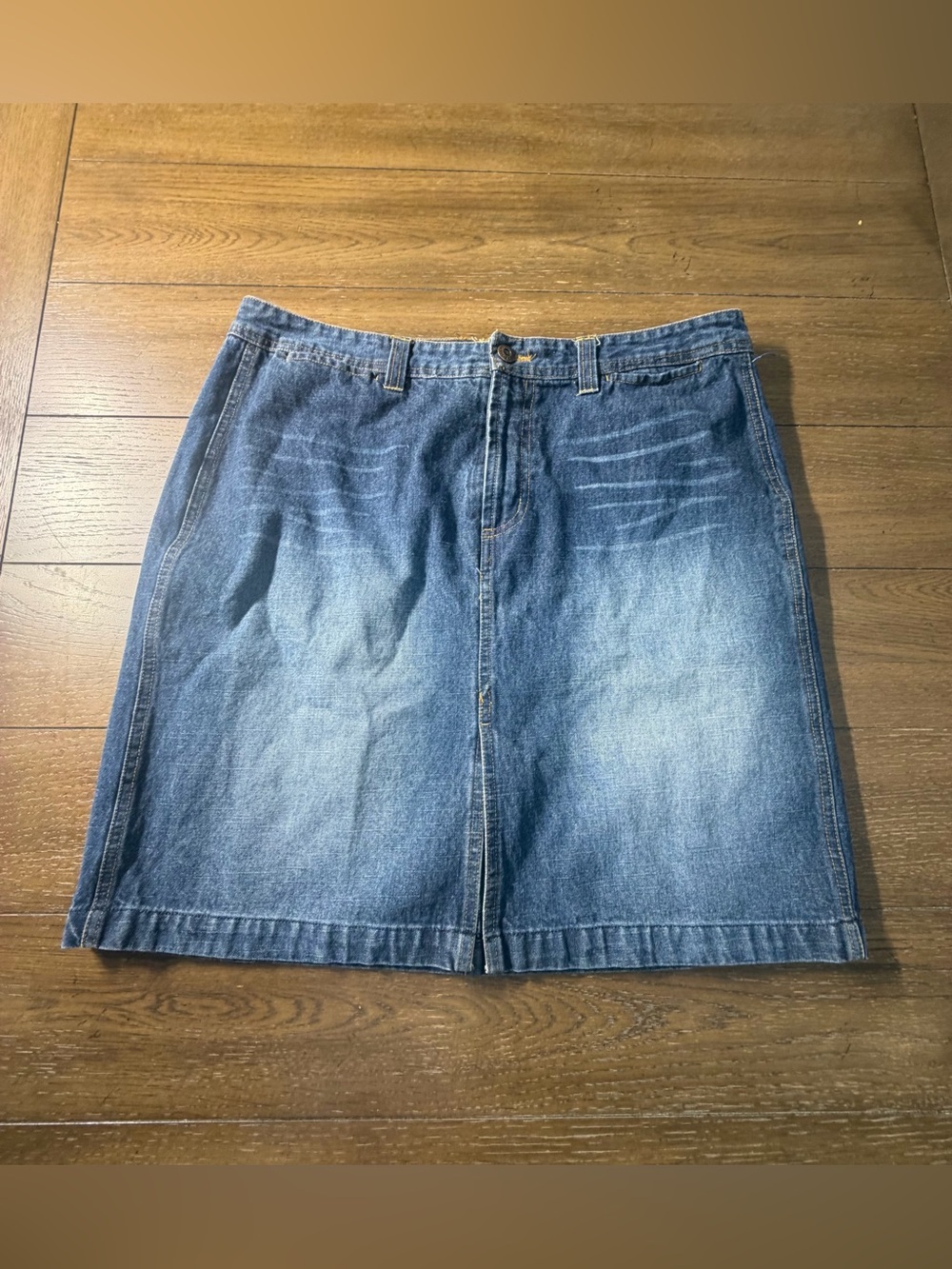 Vintage Y2K Route 66 Denim Low Rise Midi Pencil Skirt Front Slit size 14